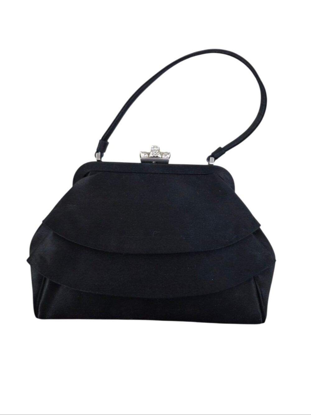Franchi Black Satin Layered Ruffle Rhinestone Clasp Small Evening Handbag
